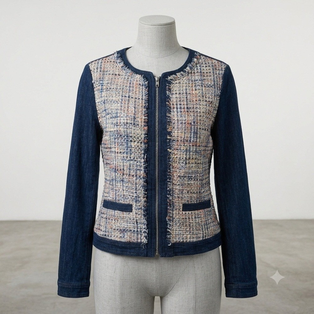 Soho New York & Company Mixed Media Tweed Denim Zip Front Jacket Womens Large